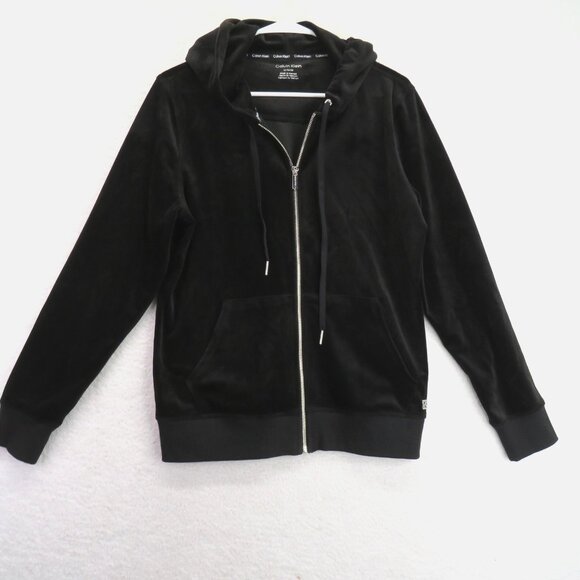 Calvin Klein Hoodie Womens Medium Black Velour Full Zip Sweatshirt Jacket CK - Picture 1 of 10
